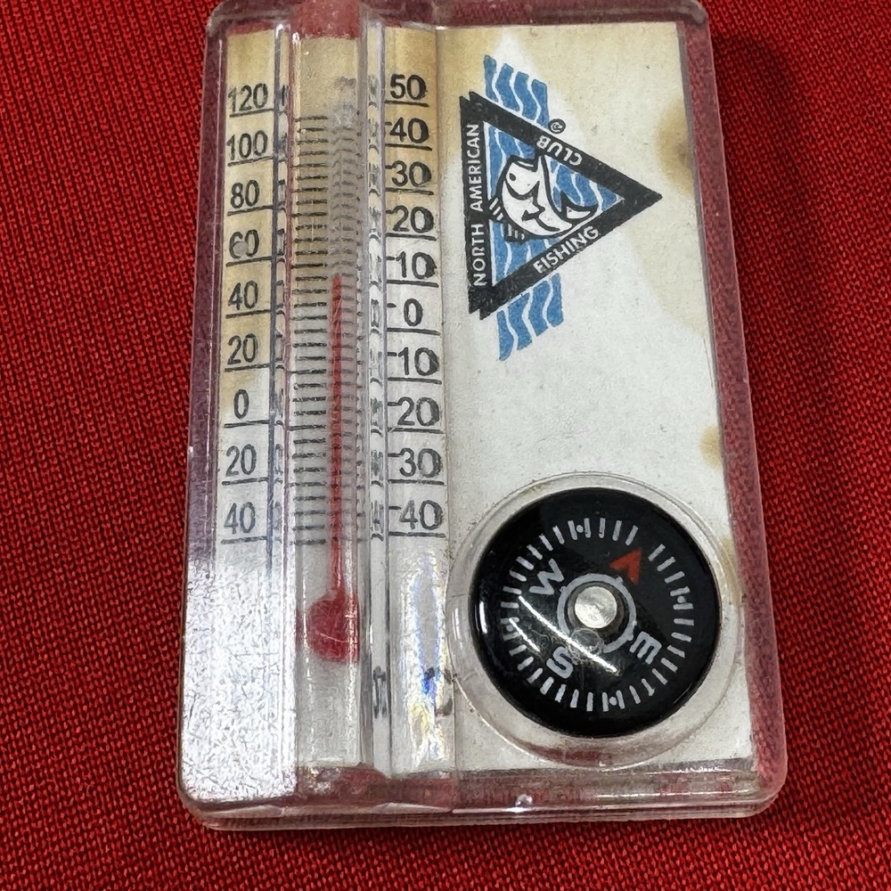 Vintage North American Fishing Club Keychain, Temperature Gauge, Compass & Chill